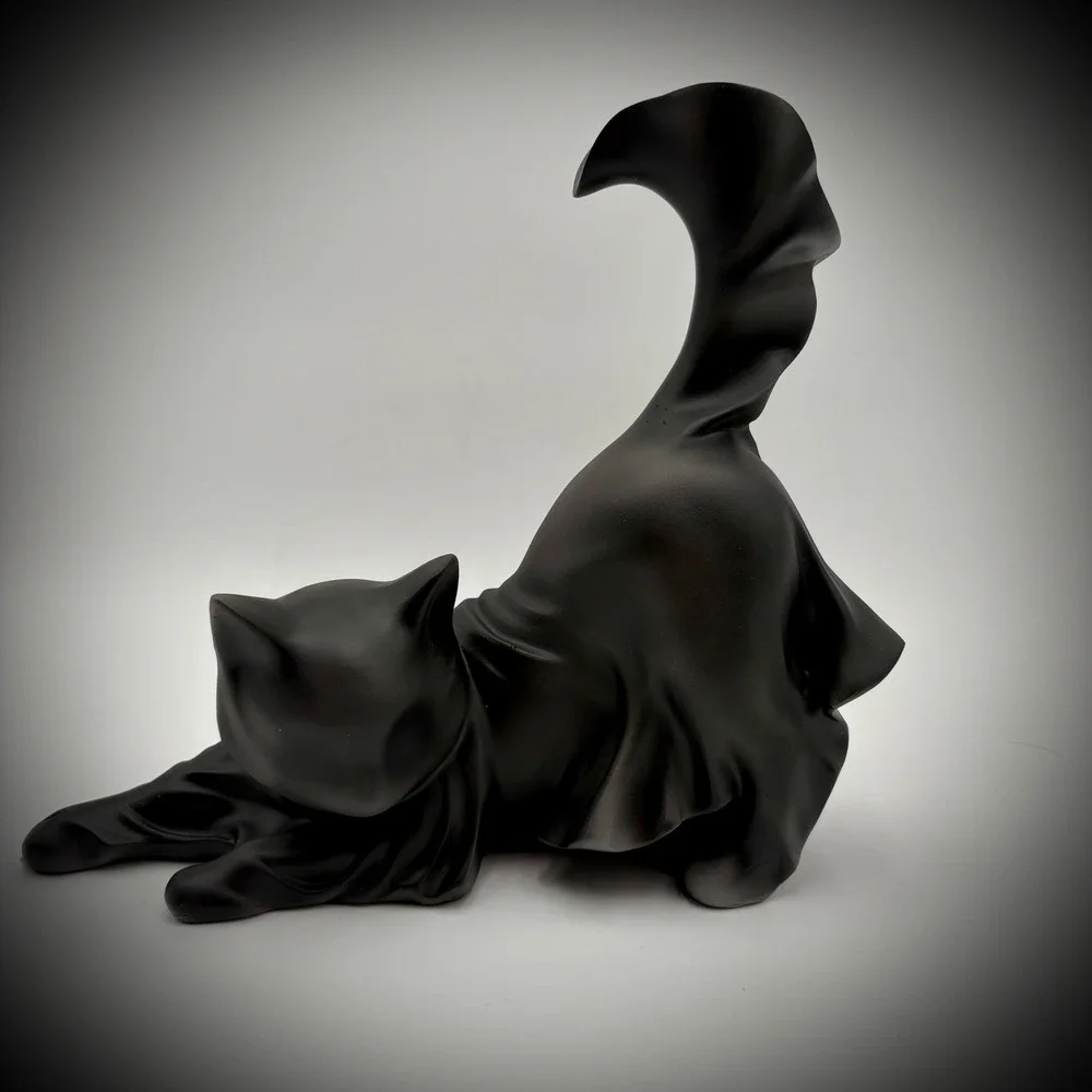 Black Ghost Cat Statue Whimsical Stretching Tail Upwards Decorative Figure